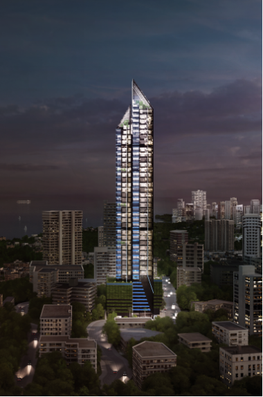 A premium high-rise residential tower on Altamount Road, Bombay, at dusk. Full-glass facade, sealed envelope, single-aspect flats.
